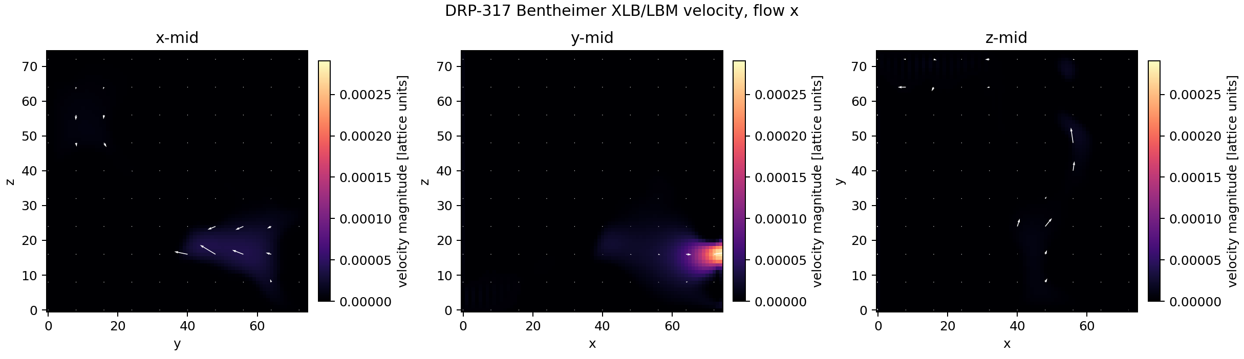 DRP-317 Bentheimer XLB/LBM velocity quiver midplanes for x-flow