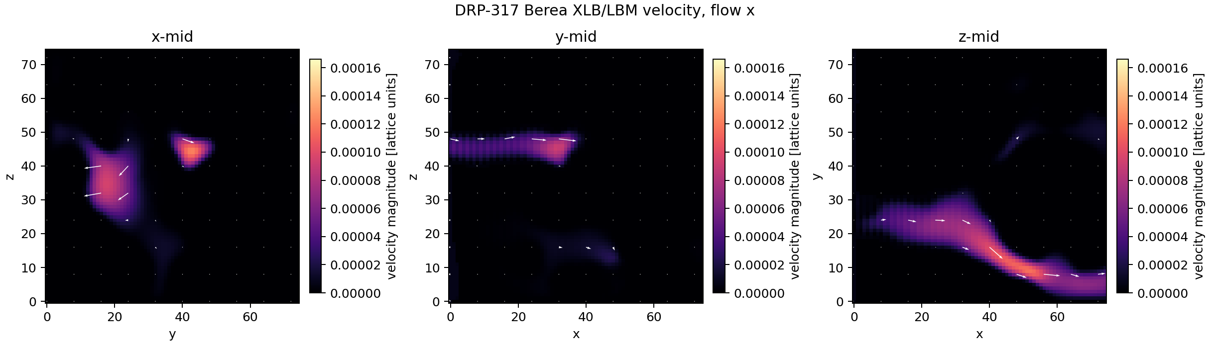 DRP-317 Berea XLB/LBM velocity quiver midplanes for x-flow